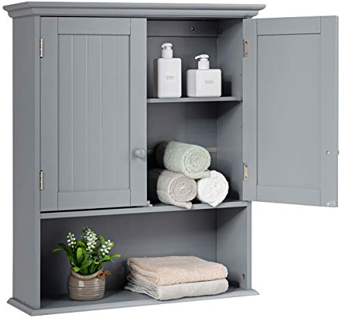 GOPLUS Hängeschrank Badezimmer, Wandschrank mit 2 Türen, verstellbaren Einlegeboden, Badezimmerschrank Küchenschrank hängend, Badschrank Holz grau, 60 x 20 x 70 cm