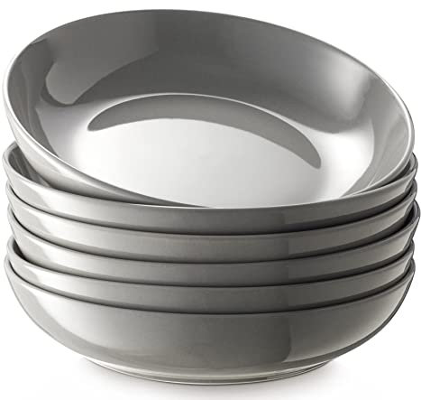 Y YHY Assiettes Creuses Lot de 6, 880 ml Assiette pour Pates en Porcelaine, Bols à Pâtes Creuse, Assiette Creuse de Présentation & Service pour Maison et Restaurant-, 21,6 x 4,5 cm, Gris Brillant
