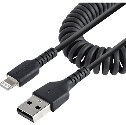 StarTech.com Cable 50cm USB a Lightning con Certificación MFi, Cable Rizado de Carga para iPhone, Negro, con Recubrimiento de TPE, Núcleo de Fibra de Aramida, Cable Lightning Rizado (RUSB2ALT50CMBC)