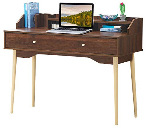 COSTWAY Table de Bureau Informatique avec 2 Tiroirs, Secrétaire Table pour Salon, Bureau, Chambre, 120 x 50 cm (Noyer)