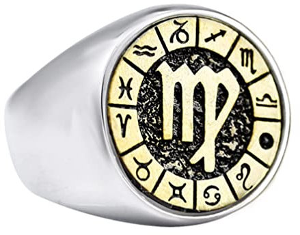 OAKKY Unisex Hip Hop 12 Konstellation Sternzeichen Biker Ring Edelstahl Horoskop Astrologie Schmuck Geschenk Jungfrau Silber Gold Größe 68 (21.6)