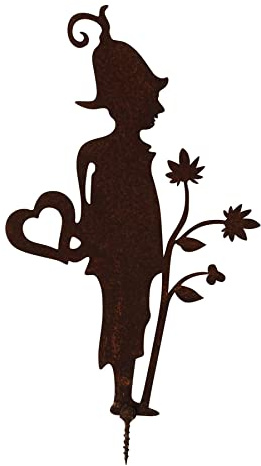 Manufaktur Lichtbogen Rost Gartenfigur Elfe mit Blume und Herz zum Einschrauben Edelrost Gartendeko