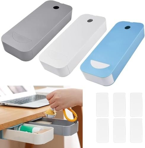 BUZIFU 3Pcs Under Desk Drawer Organizer Pen Box Self-Adhesive Under Table Drawer Hidden Desktop Organizer Drawer Pencil Tray Hanging Desk Storage for Office Home School Student (White,Blue,Grey)