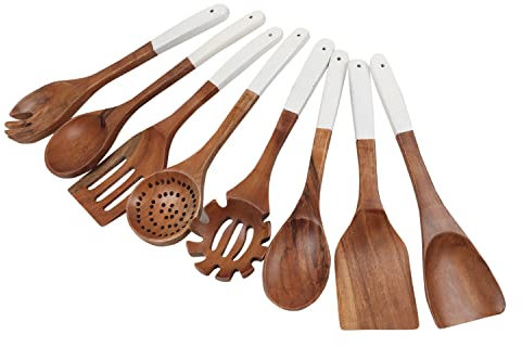 Lavaux Designs Wooden utensils for cooking set of 8, Natural Acacia Wood spoons and spatula set, Non-stick, Durable, Eco- friendly and safe kitchen cooking spoon | white handles | 12 inch each