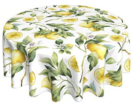 Zitronen-Tischdecke, rund, 60 Zoll, Retro-Aquarell, zitronengelb, weiß, dekorative Tischdecke mit staubdichtem, knitterfestem Dekor für Zuhause, Küche, Esszimmer, Terrasse