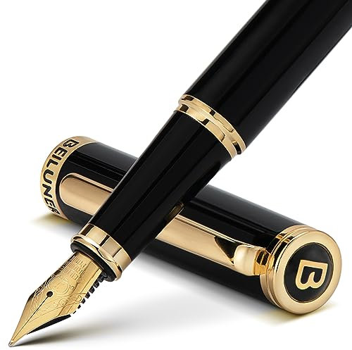 BEILUNER Black Fountain Pen,Stunning Luxury Piano Lacquer,24K Gilded Nib(Fine),Gorgeous 24K Gold Finish, Ink Converter,Trustworthy Gift for Men&Women-Elegant, Reliable,Executive,Nice Pens for Writing