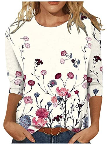 Three Quarter Sleeve Tops for Women Cute Print Tee Shirts Casual Lightweight Blouses Summer Round Neck Ladies Tops Beige M
