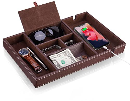 Gifts for Dad, Leather Valet Tray for Men, Christmas Gifts for Dad, Nightstand Organizer Tray, Bedside Organizer Box, Daddy Birthday Gifts Brown