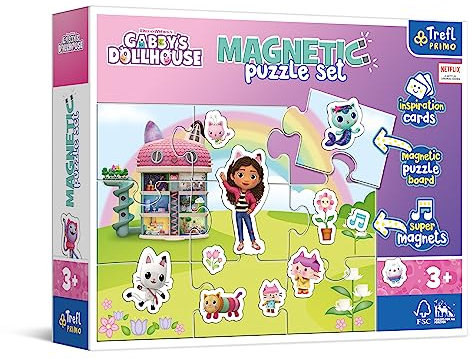 Trefl Primo – Magnetic Puzzle Set: Gabby's Dollhouse, Entdecke Gabis Welt – Magnetisches Puzzlespiel mit farbigen Magneten, Karten mit Inspirationen zum Gestalten von Szenen, für Kinder ab 3 Jahren