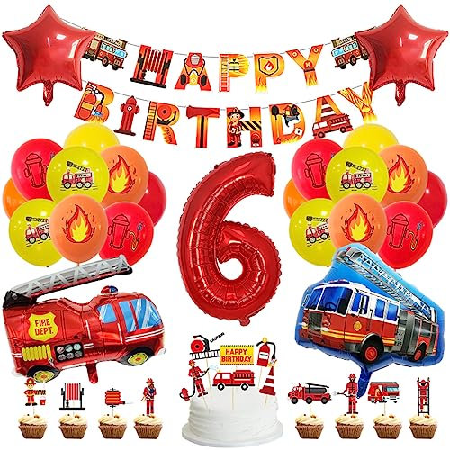 Guoguonb 6 Jahre Feuerwehrauto Geburtstag Party Dekoration Happy Birthday Banner Feuerwehr Bedruckte Ballons Feuerwehr Tortendekoration für Kindergeburtstag 6.Geburtstag Party Dekoration