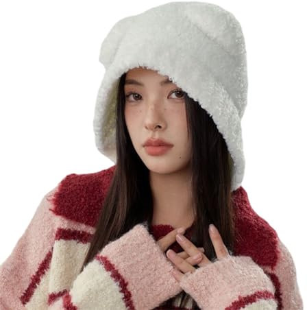 Crancious The Human Bear Ears Warme Mütze - Y2K Adventure Time Plüschmütze für Frauen - Allround-Kopf und Ohr, Weiss/opulenter Garten, Einheitsgröße