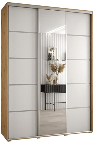 MEBLE KRYSPOL Davos 5 180 Schrank mit DREI Schiebetüren für Schlafzimmer - Moderner Schrank mit Spiegel, Kleiderstange und Regalen - 235,2x180x45 cm - Artisan Weiß Silber