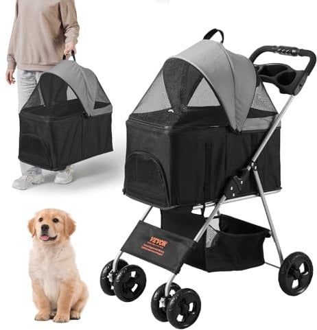 VEVOR Hundebuggy 79x46x102cm Hundewagen 16kg Tragfähigkeit Faltbar Hundetrolley Aluminium-Rahmen 600D Oxford-Gewebe Nylon-Netzfenster 4 Eva-Räder Hundebox Tierbuggy Katzenbuggy Haustier Transport