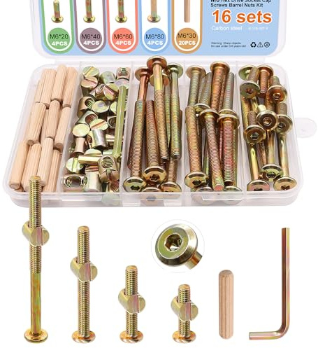 weideer Lot de 16 vis de rechange pour lit de bébé, boulons M6 x 20/40/60/80 mm, vis hexagonales, écrous barils, chevilles en bois pour lits, chaises, meubles