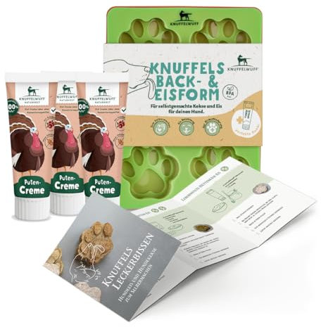 Knuffelwuff Biscuits pour chien et glace pour chien avec 3 moules en silicone, recettes et crème à la dinde - Résistance à la chaleur de -40 °C à 220 °C - Parfait pour l'entraînement des chiens