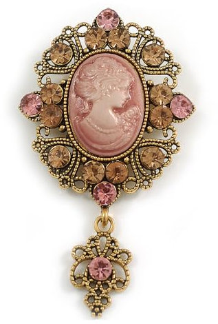 Broche camée en cristal acrylique rose d'inspiration vintage en ton or vieilli – 70 mm de long, taille unique, Plastique, diamante