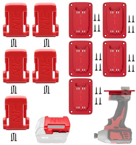 Compatible with Milwaukee Tool Holder Battery Holder,5 Packs Battery Mounts Hanger Dock Holder & 5 Packs Tool Holder Wall Mount For Work Van, Shelf, Toolbox