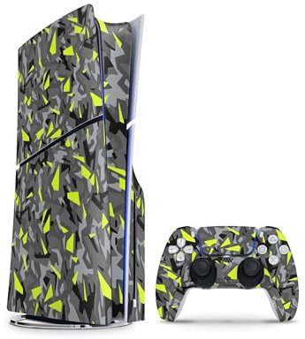 Skins4u Slim PS5 Skins Aufkleber für PlayStation 5 Konsole und Controller Skin Vinyl Skin Sticker PS5 Slim Disc Design Schutz Folie Splatter Yellow