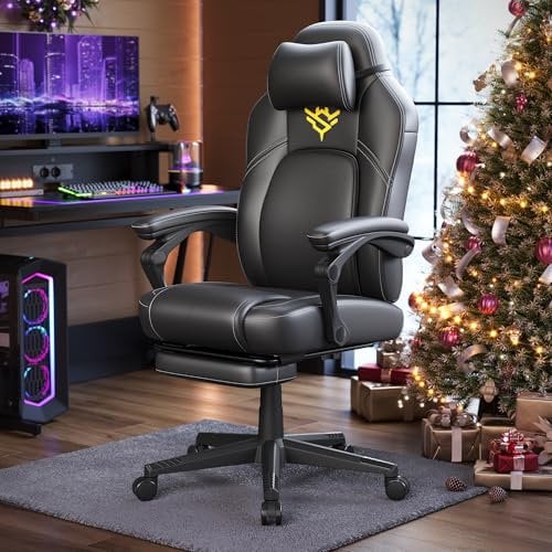 SONGMICS HOME Gaming Chair, Ergonomic Computer Chair with Footrest, Video Game Chair with Headrest, Synthetic Leather, Adjustable Height, Ink Black OBG072B02