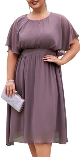 Hanna Nikole Women's Plus Size Ruffle Sleeves Chiffon Dress Midi Stretchy Cocktail Dress Gray Purple 24