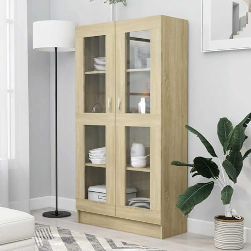 Gecheer Vitrinenschrank Glasvitrine Bücherschrank Aktenschrank Büroschrank Vitrine Schrank Bücherregal Standvitrine Vitrinenschränke für Wohnzimmer Büro Esszimmer,Sonoma-Eiche 82,5x30,5x150 cm