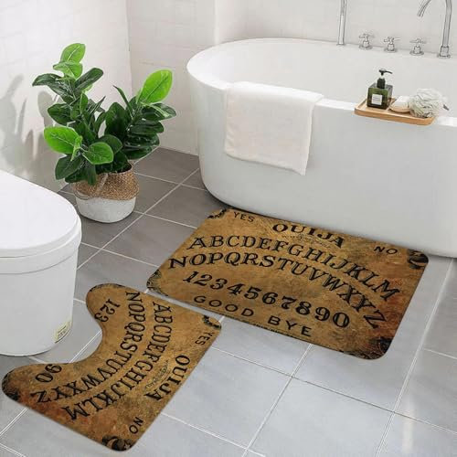 EYLOZS Badezimmerteppich Set 2 Teilig Waschbar rutschfeste Badematte Toilettenmatte Weich Saugfähige Badteppiche,Planchette aus Ouija-Brett auf Holzstruktur. P mit Geisterspiel. Halloween-Spiel mit r