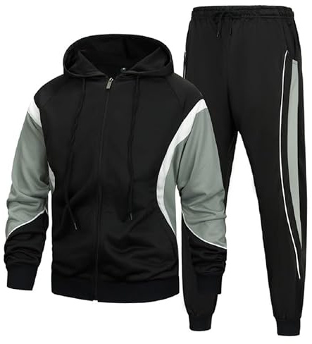 AOTORR Mens Tracksuit Set Full Zip Hooded Jacket Jogging Tops Bottoms Sweatshirt Suit with Pockets BS028 Black Gray L