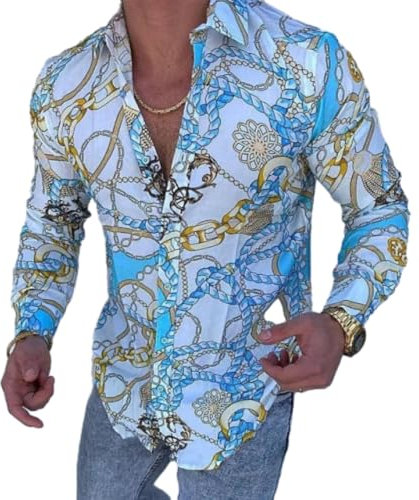 Ying Impression Chemise Homme Impression Numérique Bouton Chemise Manches Longues Homme Mode Inversée Chemise Homme Vacances Casual Chemise Homme B-08 XL