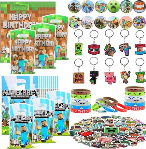 HYZMSZA 104 Pezzi Compleanno, Videogiochi Gadget Compleanno Bambini,Game Bomboniera Compleanno, Regalo Per Feste Di Compleanno ,Borsa Compleanno, Portachiavi, Braccialetti, Adesivi