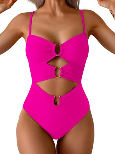 Eomenie One Piece Swimsuit for Women Ring Linked Monokini Sexy Bathing Suit Cutout Swim Suit, Hot Pink, XL