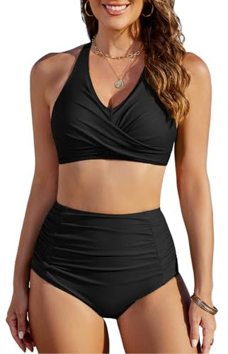 Vijamiy Maillot de Bain Femme 2 Pieces Taille Haute Ventre Plat Bikini Sexy Col en V Push Up Rembourré Floraux Tops Bandeau Swimsuit Grande Taille Piscine Beachwear(Fleur Noire,XXL)