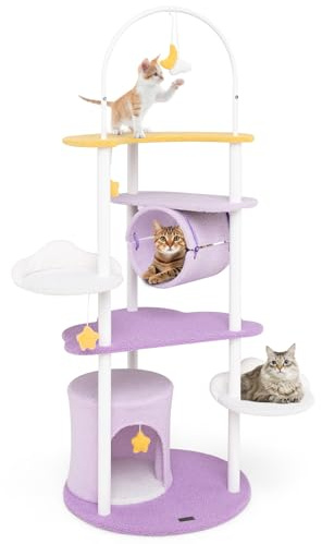 GYMAX Kratzbaum 158 cm, Katzenbaum mit Katzenhöhle, Plattform, Tunnel & hängendem Spielzeug, Katzenkratzbaum, Kletterbaum mit Mehreren Ebenen für Katzen, Lila