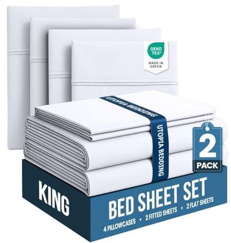 Utopia Bedding King Bed Sheets Set - Pack of 2 Sheet Sets - Perfect for Spa, Hotel, & Guest Bedroom - Brushed Microfiber - Shrinkage and Fade Resistant - Easy Care (White) | Extra Soft Bedsheet Set, Comfy & Breathable Cooling Sheets, 2 Fitted Sheet, 2 Flat Sheet, 4 Pillowcases