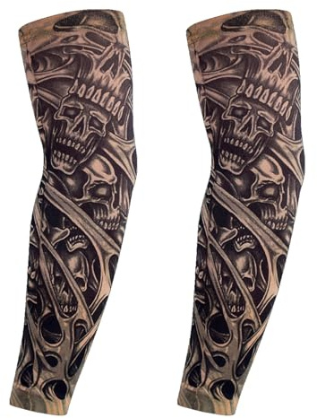 Miunpri Mangas de tatuaje para hombre, 2 piezas: tatuaje temporal, manga de nailon, calaveras, rockstar punk, manga de tatuaje falso, elástica, 38 cm, para cosplay, fiesta, motociclista, para deportes
