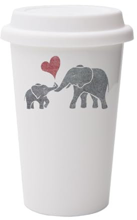 Giftme Heart Baby Elephant and Mum Elephant, Wall Eco Insulated, White Ceramic Travel Mug, with White Lid.