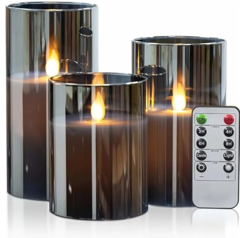 3pcs Flameless Candles with Remote Timer, Gray