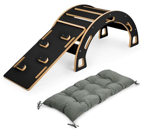 Obubu - Satz Kletterbogen und Wippe Kissen und Rutsche - Montessori - Holz Handgemachtes Klettergerüst Indoor - Klettergerüst Rutsche für Kinder ab 1 Jahre - Schwarz Holz Olive Kissen