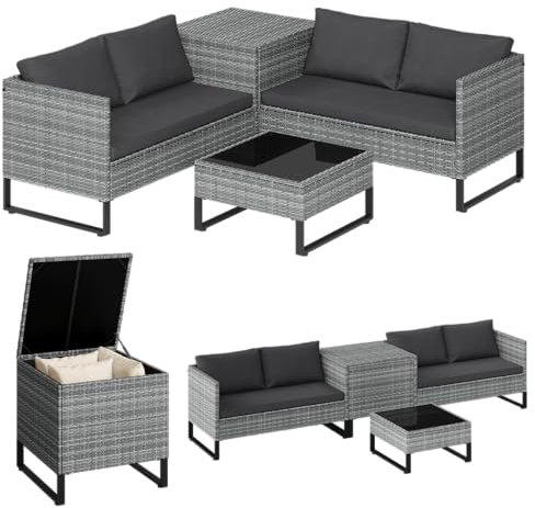 STEELSØN Polyrattan Sitzgruppe mit Aufbewahrungsbox Alniyat, Gartenmöbel Set mit 2X Gartenbank, 1x Tisch, Rattan Lounge für den Garten für 4 Personen Grau