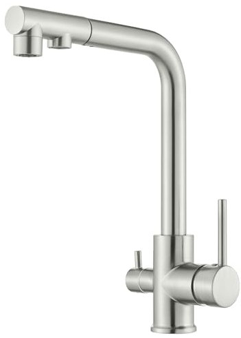 HARNART 3 Wege Wasserhahn Küche, 360° Drehbar Küchenarmatur, 3 in 1 Mischbatterie für Wasserfilter, Trinkwasserhahn mit 2 Hebel, Drei Wege Armatur Küche aus Edelstahl, Geburstet