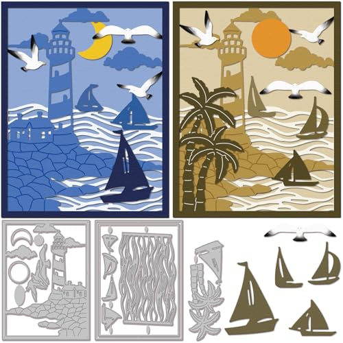 GLOBLELAND Sommer Schichtiger Leuchtturm Rahmen Metall Stanzschablone Segelboot Papierpräge Stanzschablonen Set Möwen Hintergrund Stanzformen für Kartenherstellung DIY Papier Scrapbooking Fotoalbum