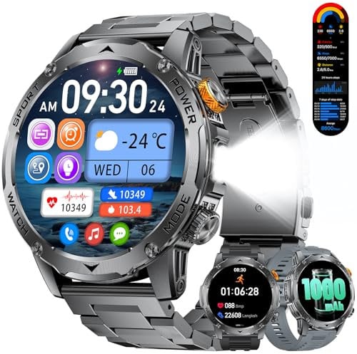 LIGE Reloj Inteligente Hombre, 1000mAh Batería/Linterna LED, Llamada Bluetooth Asistente de Voz, 100+ Modos Deportivos, 1,75 Exteriores Smartwatch Hombre para Android iOS, Negro-Gris