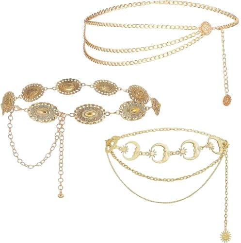 3 Stück Bauchkette Gold, Goldener Gürtel, 110 cm, Kettengürtel für Damen, Gürtel Gold Damen, Western Stil, Alltag und besondere Anlässe