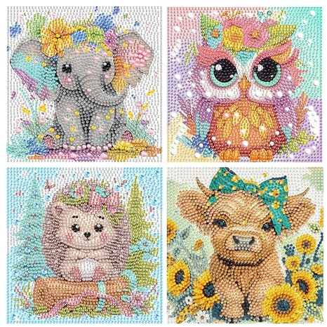 Yunruily 4 Packs Diamond Art Kits for Kids - Funny Animal Diamond Painting Kit for Kids,5D Diamond Painting Art Kit Crafts Sets for Girl Boy Children Christmas and Birthday Gifts 6x6inch