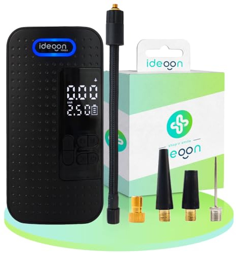 ideoon Mobiler 10.3 bar Akku-Kompressor: Leistungsstarke & kabellose Luftpumpe mit Digital-Display für Auto & Fahrrad, inkl. Powerbank und LED-Leuchte