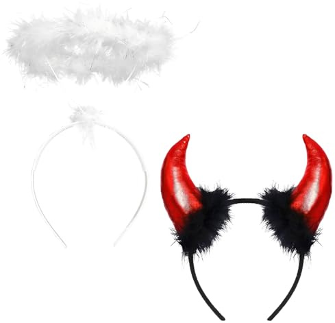 Yuwnd 2 Stück Engel und Teufel Kostüm, Heiligenschein Engel, Teufelshörner Haarreif, Engel Haarreif + Teufel Hörner Teufelsohren Accessoire für Fasching Karneval Kostüm Cosplay Party