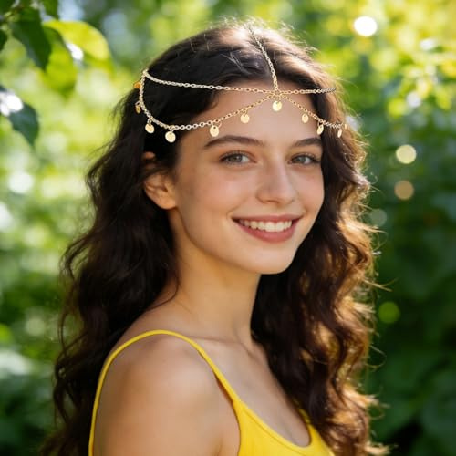 Kopfkette Gold Damen, Braut-Kopfschmuck,Boho Hippie Orientalisch Kopfschmuck Sonne, Festival-Haarschmuck für Damen und Mädchen