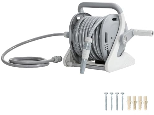 Outsunny Wand-Schlauchaufroller 20+2 m x Ø 15 mm, tragbarer Wasserschlauchhalter, Düse mit 2 Modi, Kurbel, für Rasen, Garage, Autowäsche und Bewässerung, grau