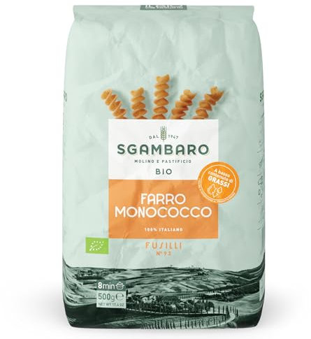 Sgambaro Pasta Bio Fusilli N.93-500 g Pasta con Farina di Farro Monococco - Ricca di Antiossidanti, Vitamine e Minerali - Basso Contenuto di Glutine