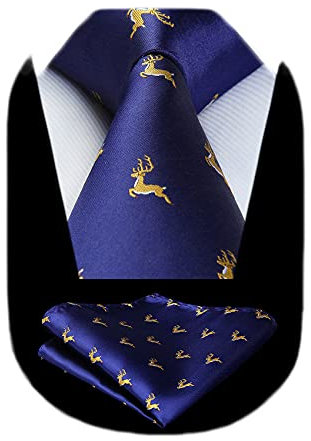 HISDERN Marineblau Krawatte für Herren Hirsch Hochzeit Taschentuch Business Klassisch Krawatte und Einstecktuch Set