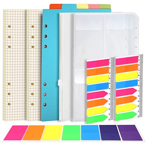 FANDAMEI A5 Karierte Nachfüllbare Notizpapier Set, 2 Packe 6 Löcher A5 Nachfüllpapier 90 Blätter, 5 Stücke Farbige Trennblätter A5, 460 Stücke Haftnotizen Bunt, 2 Stücke Umschlägbeutel A5